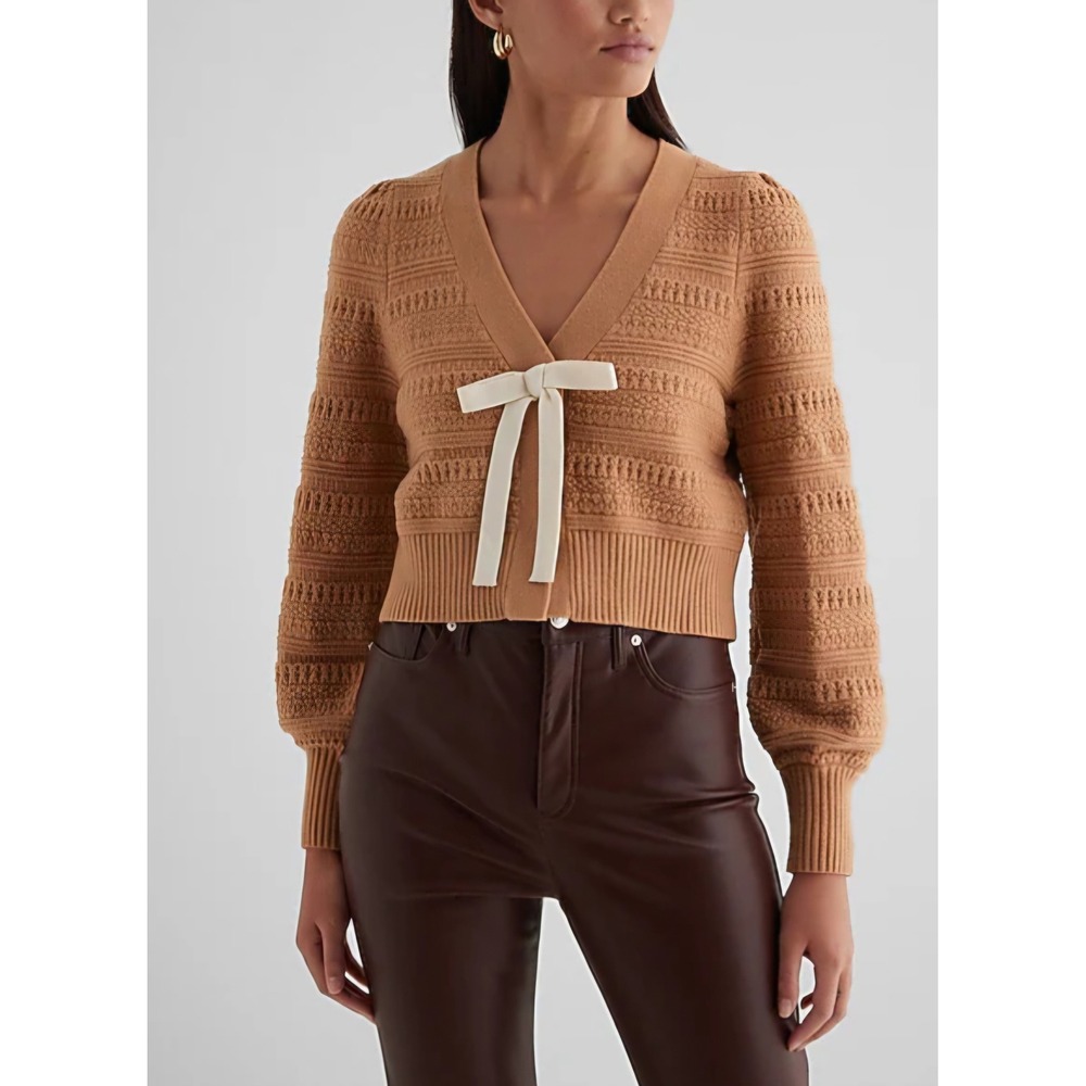 Express Camel Cable Knit Bow Front Cardigan Coquette Balletcore Cropped Medium